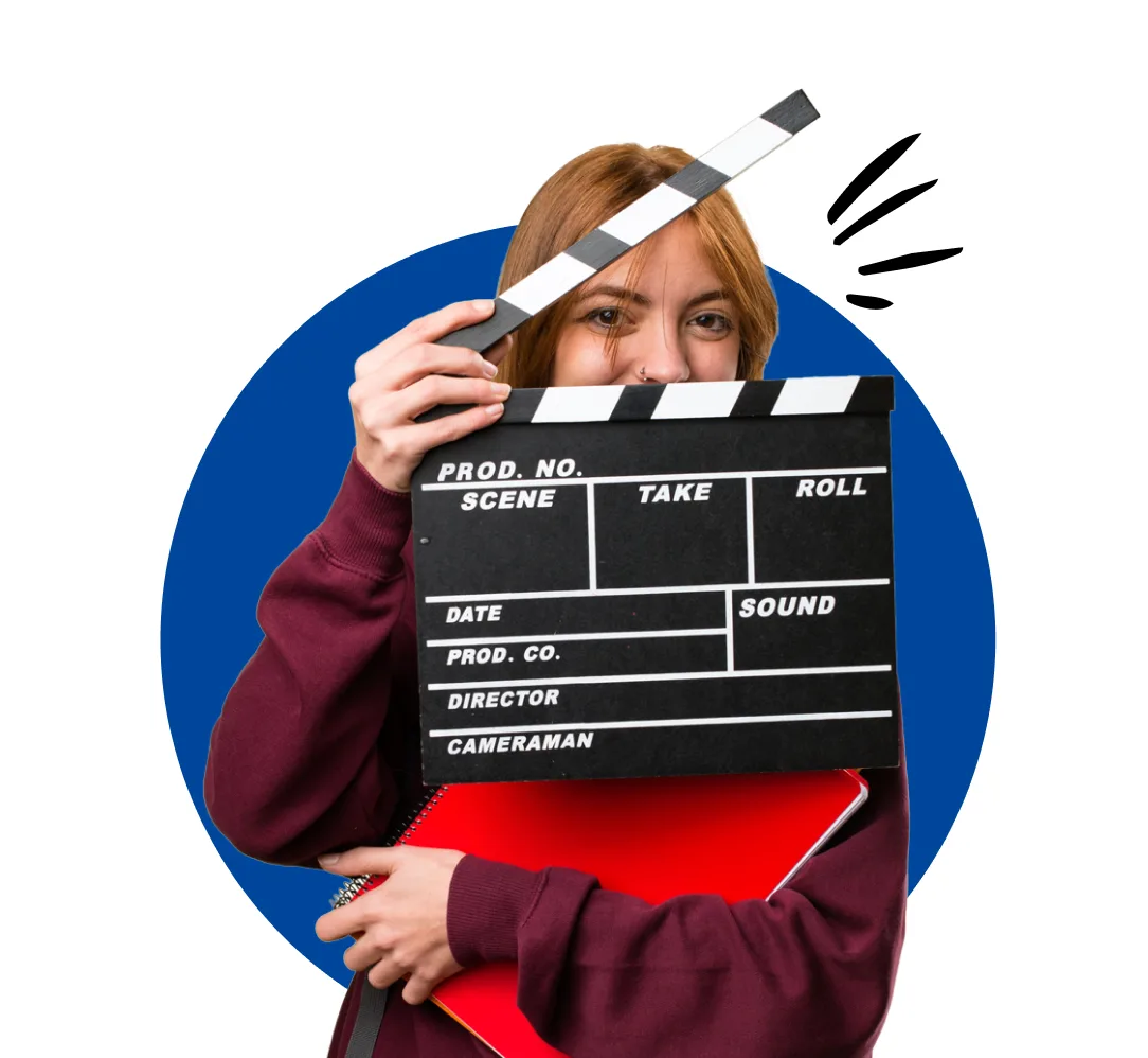 A young woman with a clapperboard and red notebook in her hands with a blue circle background