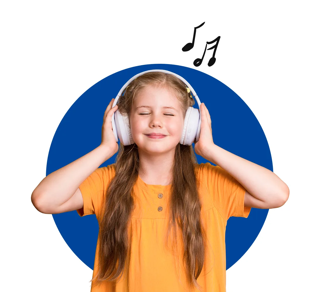 A young girl smiling with her eyes closed and listening to music through headphones with a blue circle background