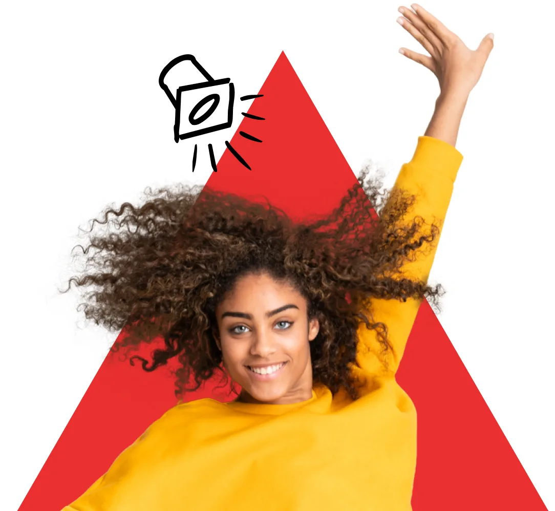 A woman smiling and posing with a red triangle background and a hand drawn stage light graphic