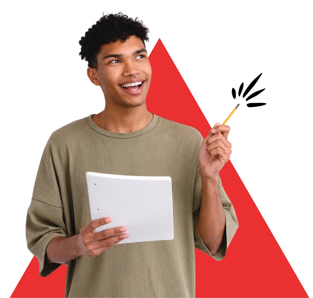 A young man with a notebook and pencil, looking like he has an idea with a red triangle background